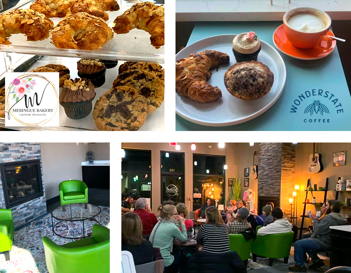 Kickapoo Coffe, fresh baked goods from Meringue Bakery, and guests relaxing to live music at The Grind Coffee House