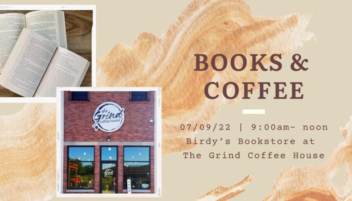 A graphic for a pop-up book sale at The Grind Coffee House with Birdy's Bookstore.